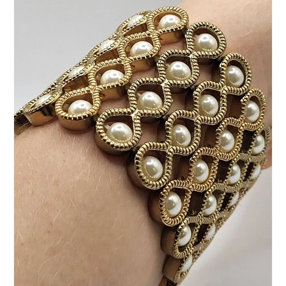 Wide Gold Pearl Stretchy Bangle Bracelet 7in